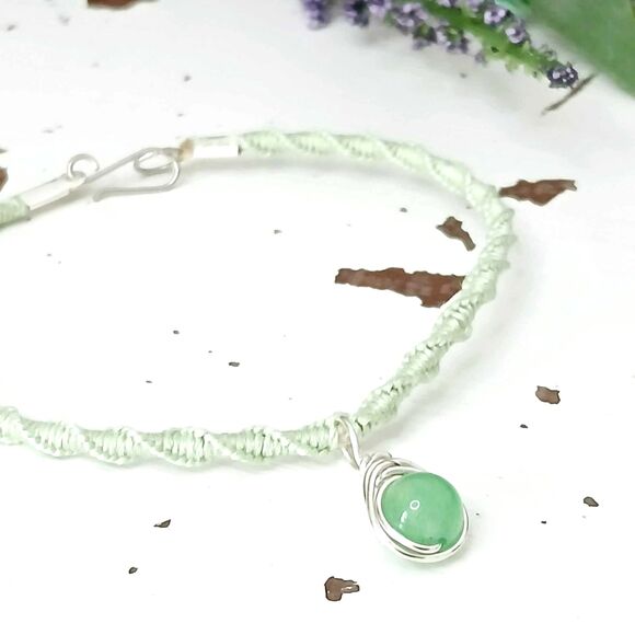 Aventurine Macrame Crystal Charm Bracelet, Dainty Boho Chic Pastel - Picture 4 of 4